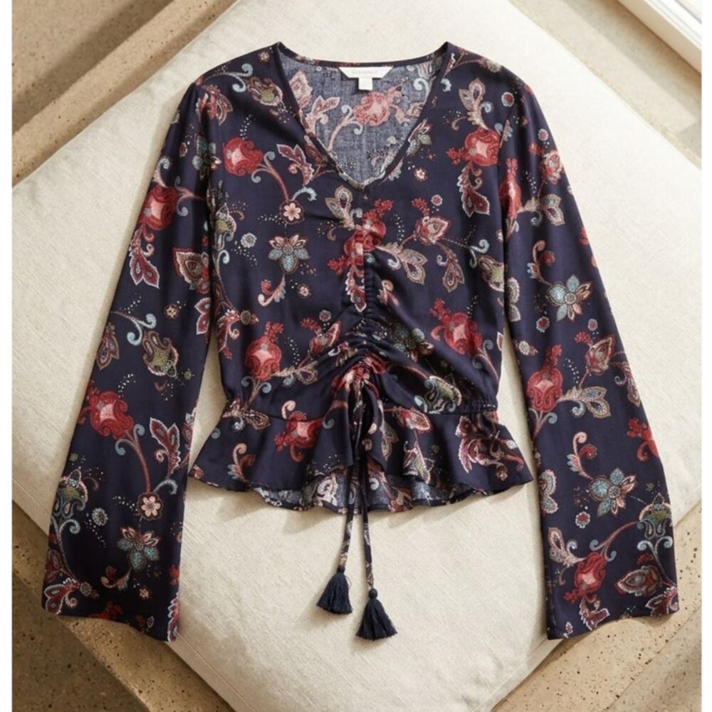 Gypsies & Moondust Floral Ruched Blouse - Size XS - Boho Bell Sleeve
